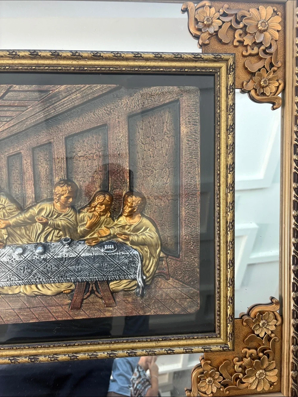 Ornate Gold Framed Wall Mirror with Decorative Religious Scene (Gold, Black)